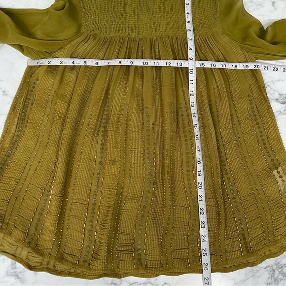 Anthropologie Blank London green beaded sequined mock neck blouse smocked XS - Picture 5 of 12